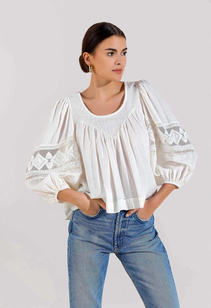 ZUBINA BLOUSE Spring Tops With Blouson Sleeves, Spring Daywear Tops With Blouson Sleeves, Chic Long Sleeve Cotton Blouse, Chic Long Sleeve Embroidered Cotton Top, Chic Daywear Tops, Chic Embroidered Top For Daywear, Spring Blouse With Unlined Sleeves For Daywear, Tops With Blouson Sleeves For Daywear, Long Sleeve Blouse With Blouson Sleeves