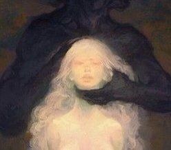 a painting of a woman with long white hair and a black cloak over her head