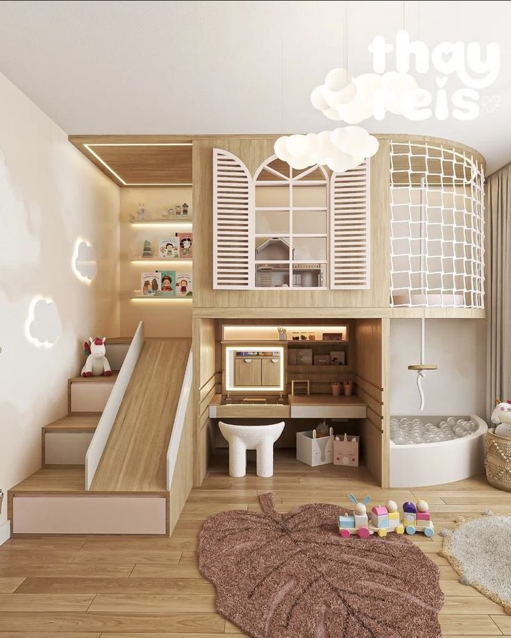 a child's playroom with stairs leading to the top floor and storage area