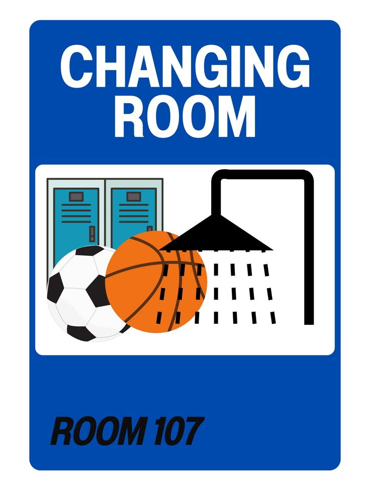 a blue sign that says changing room with a basketball and lockers in the background