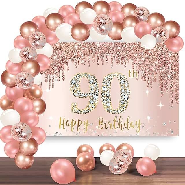 a pink and gold 90th birthday card surrounded by balloons