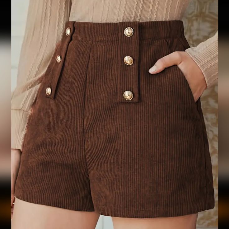 Women's Brown Double Buttoned Corduroy Shorts New In Boutique 1940s Shorts, Brown Shorts Outfit, Brown Corduroy Shorts, Wardrobe Aesthetic, Corduroy Top, Clothing Design Sketches, Hippie Pants, Corduroy Shorts, Dress Shorts