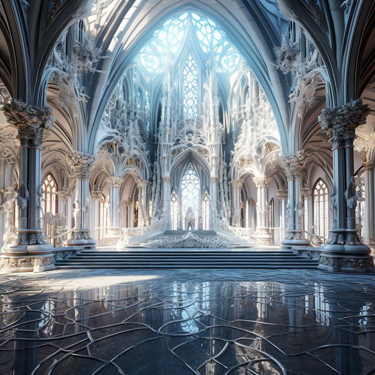 the interior of a large cathedral with high ceilings and stone columns, is lit by sunlight streaming through the windows