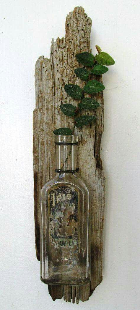 an old bottle hanging on the wall with a plant growing out of it's top