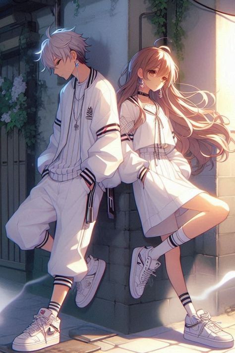 two anime characters leaning against a wall with their hands on each other's hips