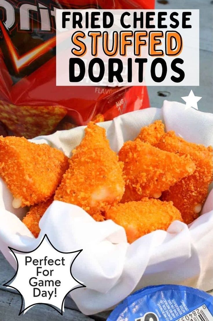 fried cheese stuffed doritos in a basket with text overlay that reads, perfect for game day