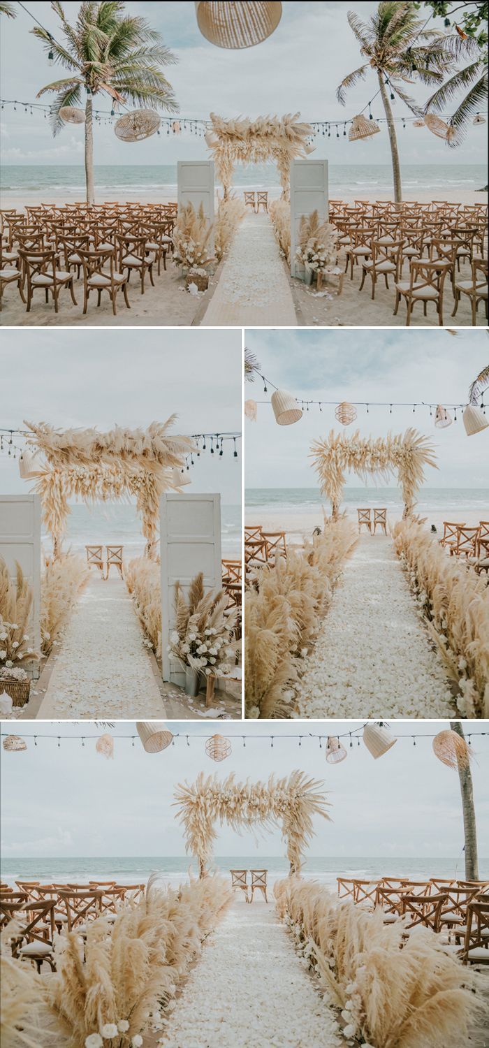 an outdoor ceremony setup with chairs and flowers on the aisle, in front of palm trees