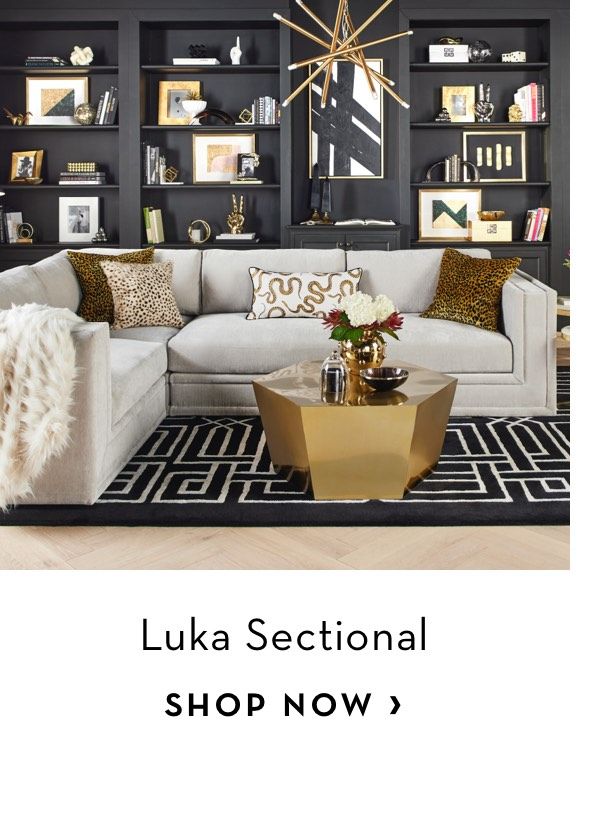 a living room filled with lots of furniture and bookshelves in black walls, gold accents