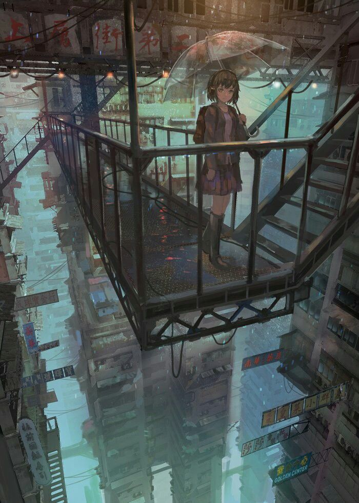 a woman standing on top of a metal railing in the middle of a large city