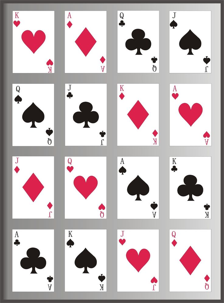 playing cards with hearts, spades and clubs on the sides in black and red