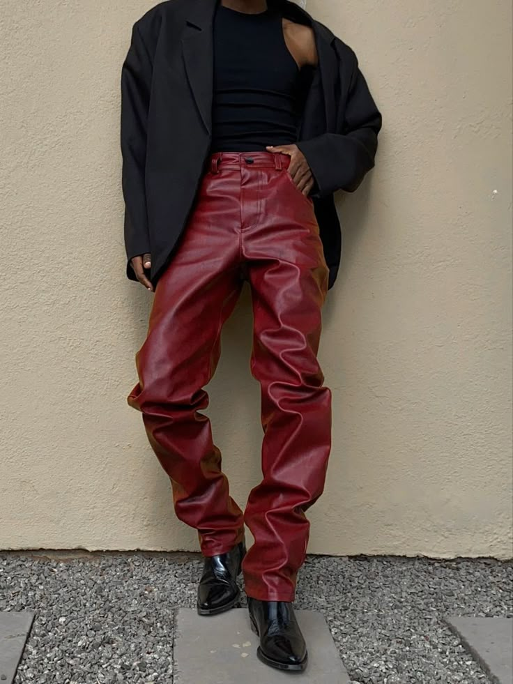 Casino Royale Mens Outfit, Fancy Leather Pants Outfit, Red Leather Pants Outfit Men, Masculine Club Outfits, Men’s Club Outfits, Queer Night Outfit, Red Pants Outfit Men, Clubbing Outfit Men, Club Fashion Men