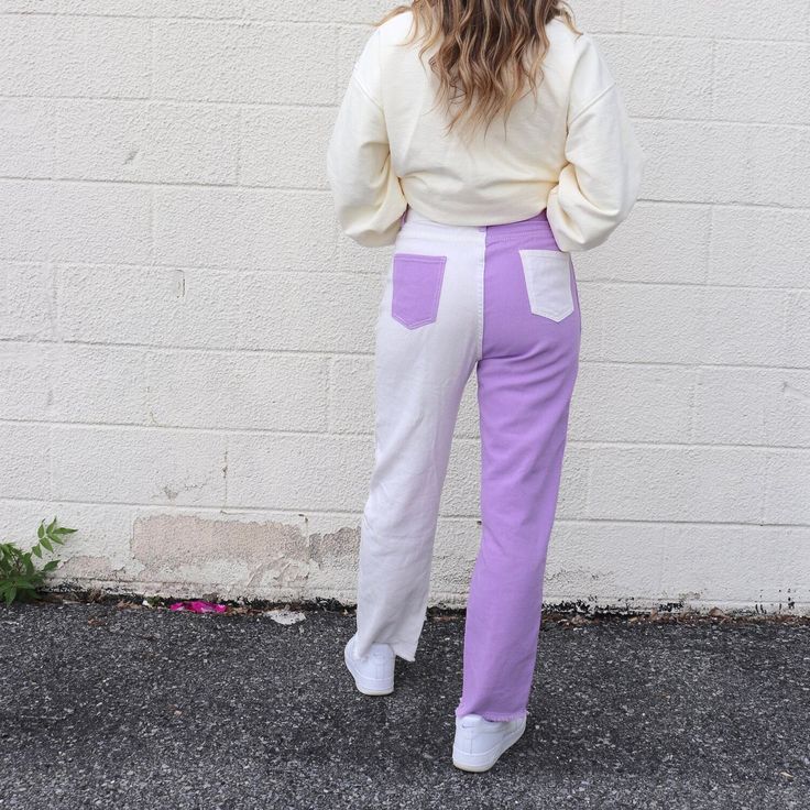 Purple and white color block pants Size and Fit: Model height 5��’7” wearing size Small Color Block Pants, Lavender Pants, Colorblock Pants, Purple Pants, Purple And White, Model Height, White Color, Color Block, Lavender