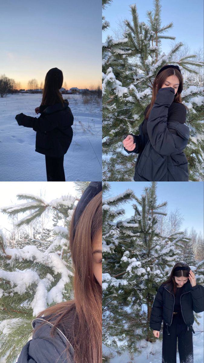 a woman standing next to a snow covered tree in the middle of four different pictures