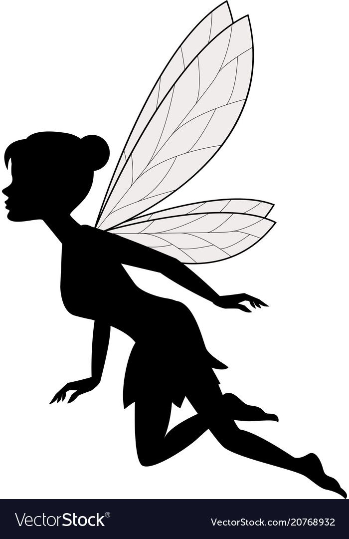 a black and white silhouette of a fairy with her legs spread out in the air