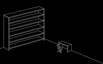 a line drawing of a bookshelf next to a desk