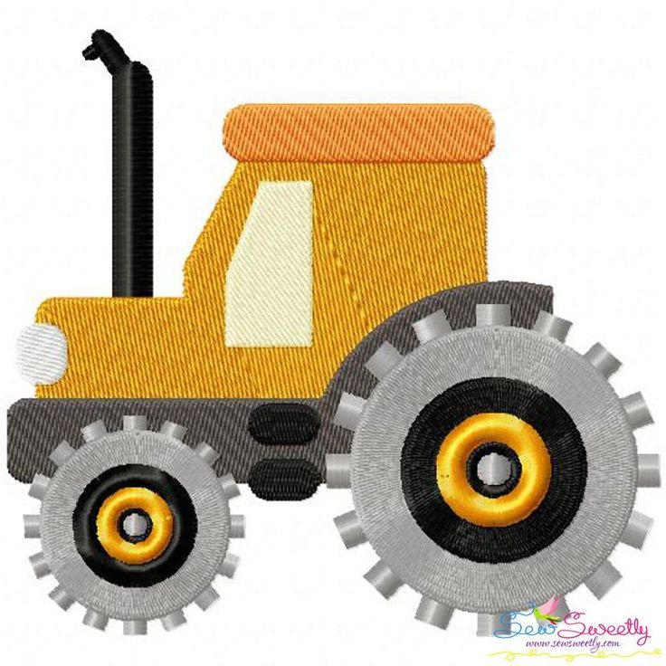 a yellow and black tractor with wheels on it's back is embroidered onto the side of a white shirt