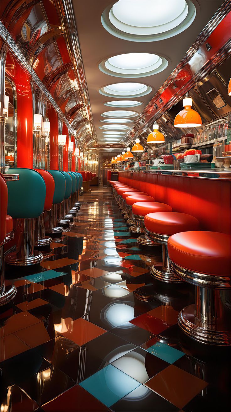 the interior of a diner with red and blue booths