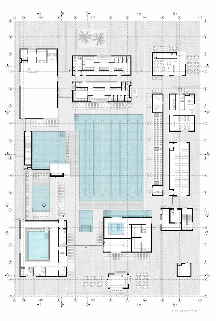 the floor plan for an indoor swimming pool and spa area, with several different areas in it