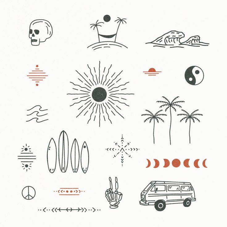 an image of various symbols that are in the shape of a sun, moon and palm trees