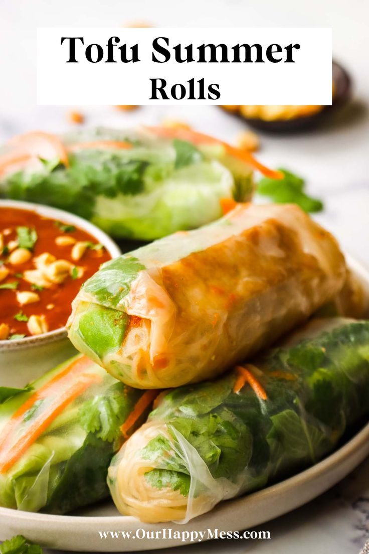 several rolls on a plate with dipping sauce and lettuce in the background text reads tofu summer rolls