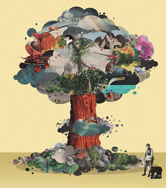 a man standing in front of a tree with many different pictures on it's trunk