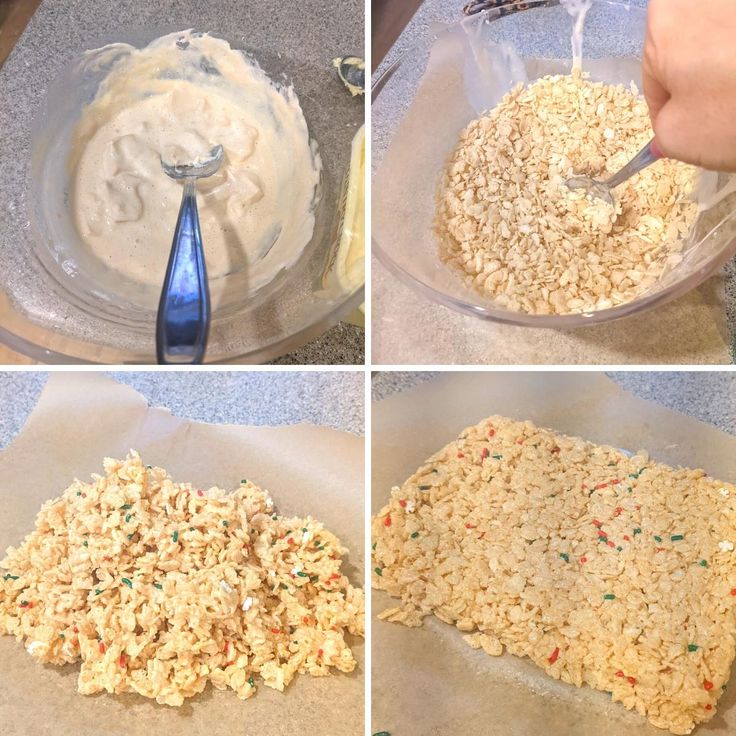 four pictures showing how to make rice krispy kreme treats in a bowl