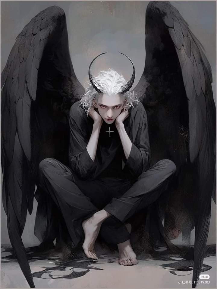 an angel sitting on the ground with black wings