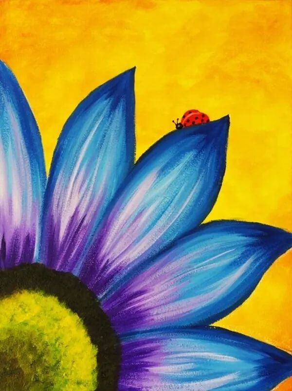 a painting of a blue flower with a ladybug on the center and yellow background