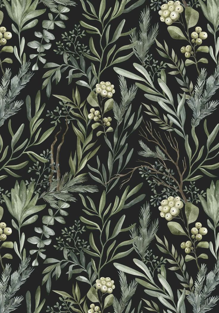 a black and green floral wallpaper with white flowers, leaves and berries on it