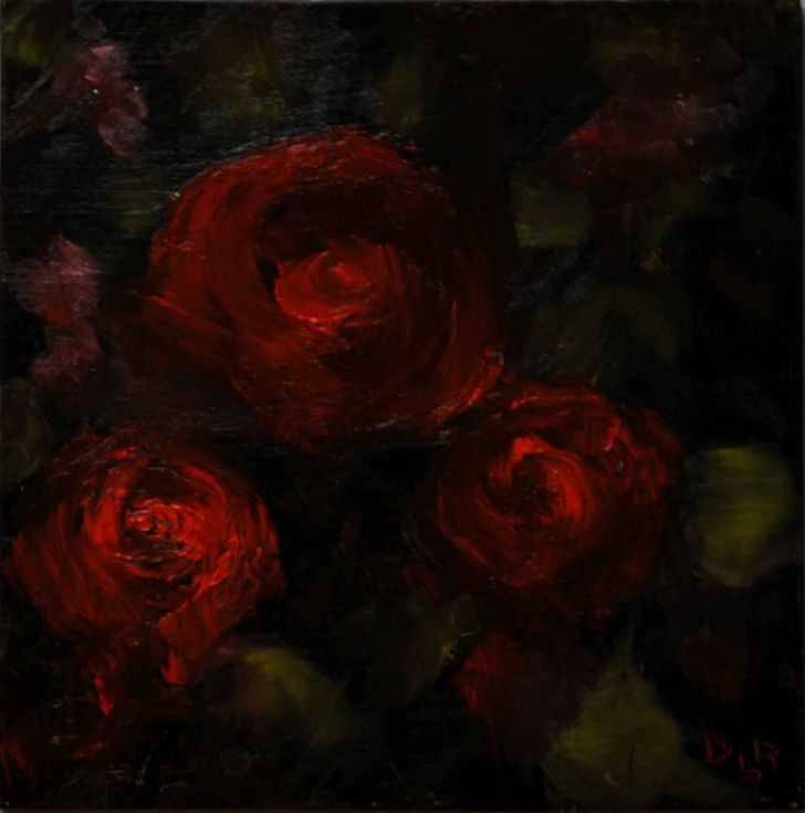 three red roses are shown in this oil painting