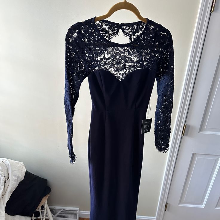 New With Tags, Pretty Just Not My Style! Fits Very Nice Navy Long Sleeve Fitted Maxi Dress, Navy Fitted Maxi Dress For Party, Navy Long Sleeve Midi Dress For Party, Navy Fitted Long Sleeve Maxi Dress, Fitted Long Sleeve Navy Maxi Dress, Fitted Navy Long Sleeve Maxi Dress, Silver Long Sleeve Dress, White Crochet Dress, Wrap Sweater Dress