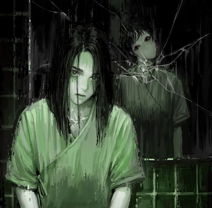 a woman with long hair standing in front of a man wearing a green shirt and holding a knife