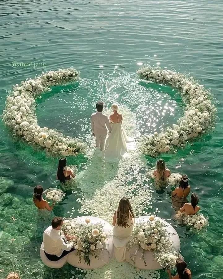 the bride and groom are walking into the water