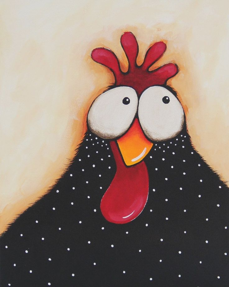 a painting of a rooster with white dots on it's head and red beak