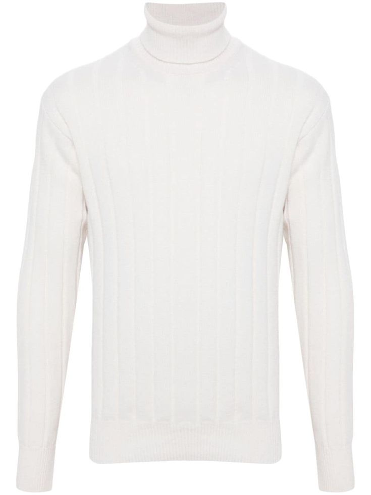 white virgin wool-cashmere blend ribbed knit ribbed roll neck long sleeves ribbed cuffs and hem Beige Ribbed Turtleneck For Winter, White Ribbed Cuffs Polo Sweater For Winter, Elegant Ribbed Polo Sweater For Winter, White Ribbed Polo Sweater For Winter, Cream Ribbed Turtleneck For Winter, Fitted White Ribbed Polo Sweater, Merino Wool Turtleneck With Ribbed Cuffs For Winter, Ribbed Merino Wool Turtleneck For Winter, Classic White Sweater With Ribbed Cuffs