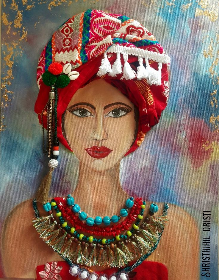 an oil painting of a woman wearing a red headdress and necklace with beads