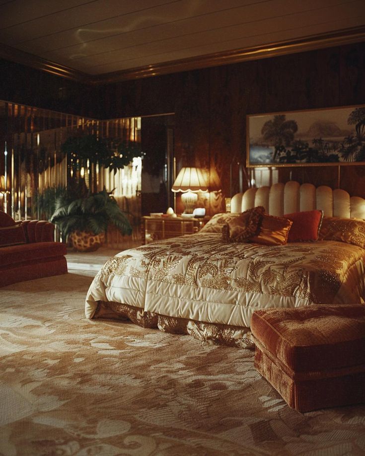 a large bed sitting in the middle of a bedroom next to two lamps on either side of it