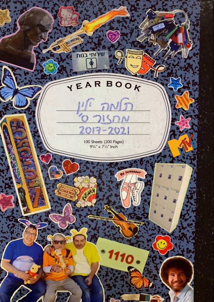 a book cover with many stickers on it