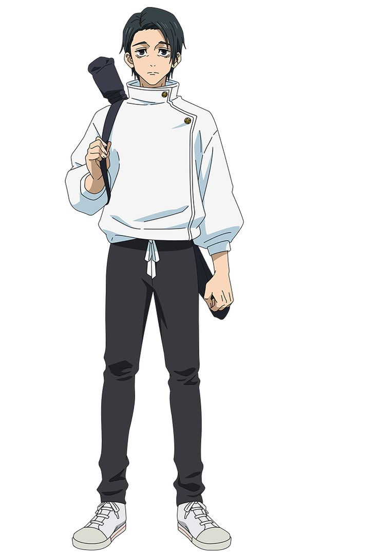 an anime character holding a black object in one hand and a white shirt on the other