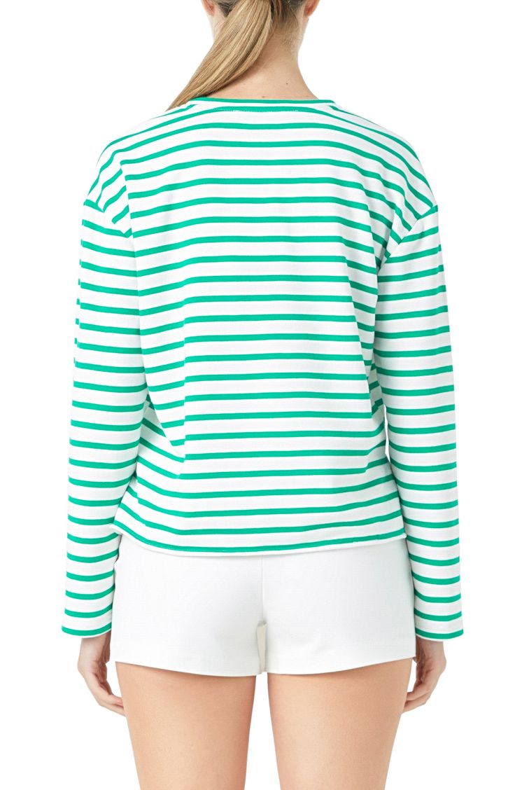 Shine bright in this striped long-sleeve top adorned with embellished patch letters decorating the front. Crewneck Long sleeves 65% cotton, 35% polyester Hand wash, dry flat Imported Spring Horizontal Stripe Long Sleeve Sweater, Spring White Sweatshirt With Contrast Stripes, White Spring Sweatshirt With Contrast Stripes, White Contrast Stripes Sweatshirt For Spring, White Sweatshirt With Contrast Stripes For Spring, Green Long Sleeve Tops With Striped Collar, White Long Sleeve Top With Striped Hem, Casual Striped Long Sleeve Top For Spring, Spring Long Sleeve Tops With Striped Cuffs