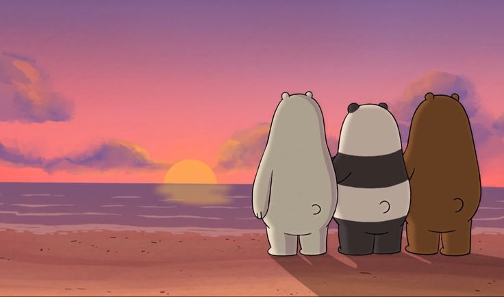 three bears are standing on the beach at sunset