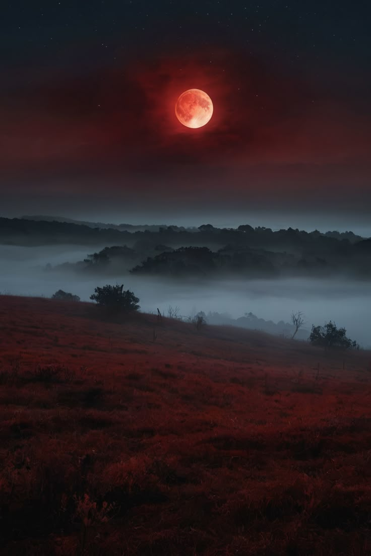 Moonlit Enigma Red Fog Aesthetic, Spooky Moodboard, Blood Moon Aesthetic, Domain Of The Wolf, Keri Lake, Ethereal Realm, Crimson Moon, Blood Red Moon, Ethereal Landscape