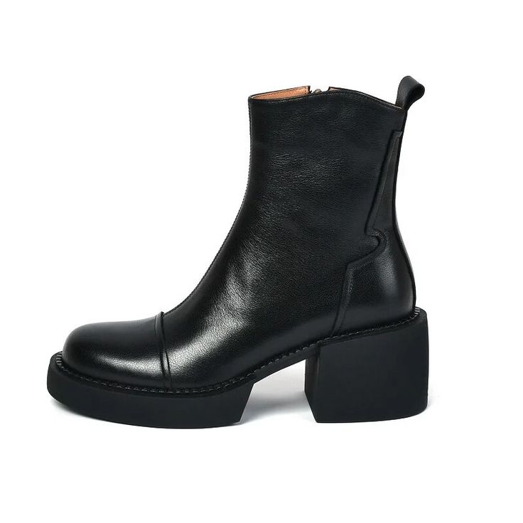 Expertly crafted with genuine cow leather, these Zariely Women's Autumn Boots by USS Shoes offer both style and functionality. The square heel and platform design provide stability and comfort, while the velvet lining and insole keep your feet warm during the winter and autumn seasons. Complete with a zip closure. • Shaft Material: Genuine Leather • Shaft-Genuine Leather Type: Cow Leather • Outsole Material: Rubber • Upper Material: Genuine Leather • Upper-Genuine Leather Type: Cow Leather • Sea Modern Leather Heeled Boots With Chunky Platform, Leather Moto Boots With Chunky Platform, Leather High Ankle Boots With Chunky Platform, Leather Platform Boots With Lug Sole And Block Heel, Leather Chelsea Boots With Stacked Square Heel, Leather Platform Boots With Chunky Platform And Block Heel, Leather Platform Boots With Chunky Platform And Round Toe, Leather Platform Boots With Chunky Block Heel, Leather Square Toe Chelsea Boots