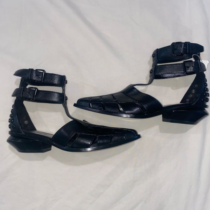 Alexander Wang Genuine Leather Black Pointed Toe Gladiator Style Sandals *New* Size 36 (American 6) Spring Punk Sandals With Buckle Closure, Edgy Spring Heels With Flat Heel, Edgy Spring Flat Heel Heels, Punk Pointed Toe Summer Heels, Punk Style Pointed Toe Summer Heels, Summer Punk Pointed Toe Heels, Spiked Pointed Toe Sandals, Black Punk Sandals With Round Toe, Black Punk Platform Sandals