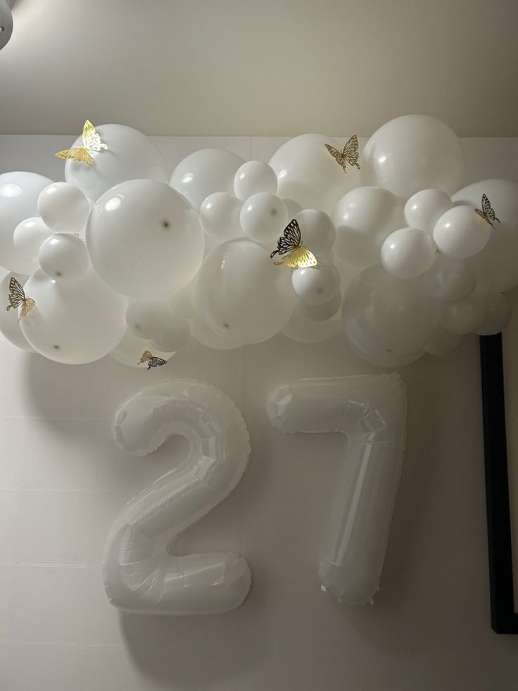 #birthday #birthdayparty #birthdaydecoration #butterfly #goldbutterfly #27th #27thbirthday #balloons #balloonarch #balloongarland #balloondecor #balloonbackdrop #whiteandgold #simpledesign #simpleballoons 27th Heaven Birthday Party, 27th Birthday Aesthetic, Gold Balloon Decor, 27th Birthday Decorations, 27th Birthday Ideas, Heaven Birthday, 27 Birthday Ideas, Bday Aesthetic, My 27th Birthday