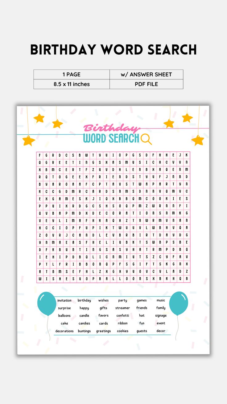 a birthday word search is shown with balloons and stars on the page, which reads happy birthday