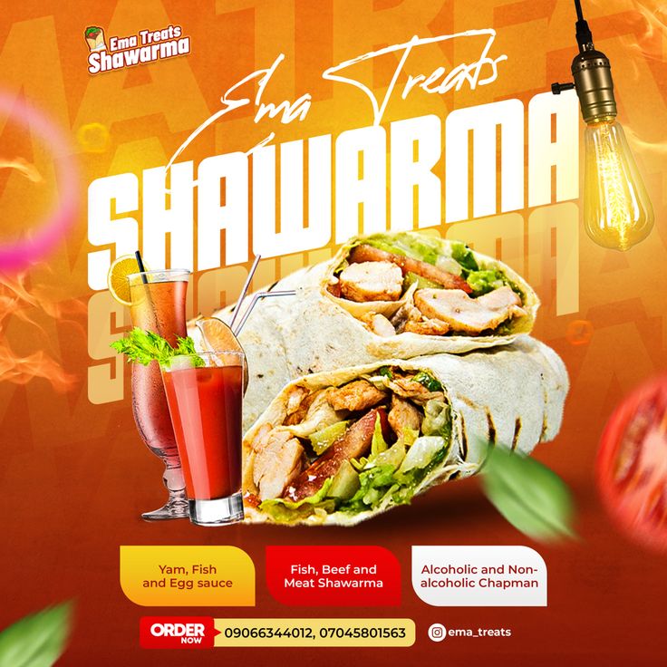 an advertisement for shawarma featuring chicken, lettuce and tomato slaw