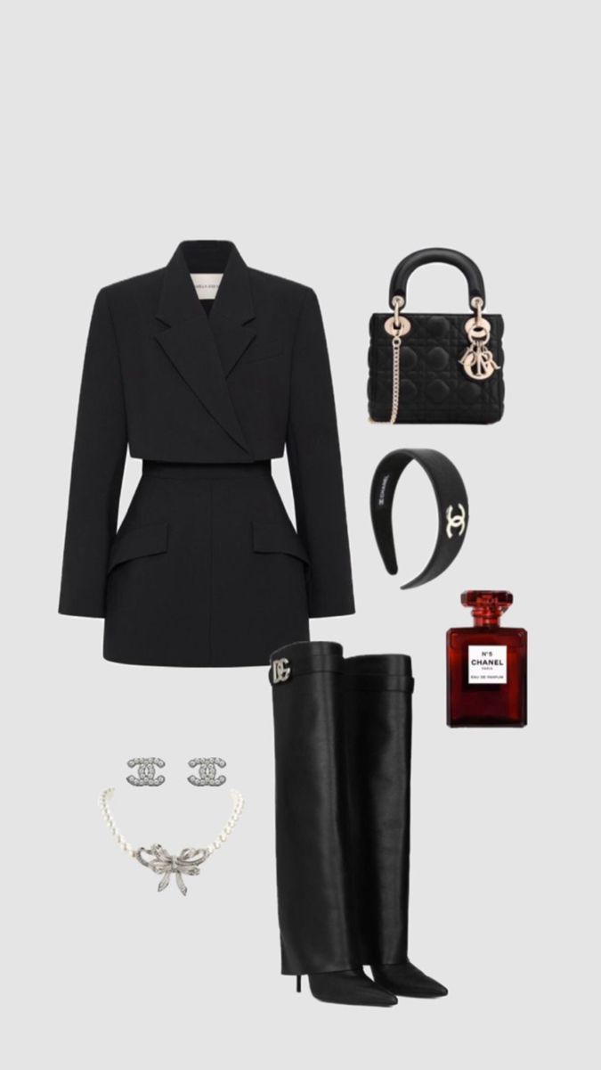 a woman's black outfit and accessories including boots, purse, belt, handbag