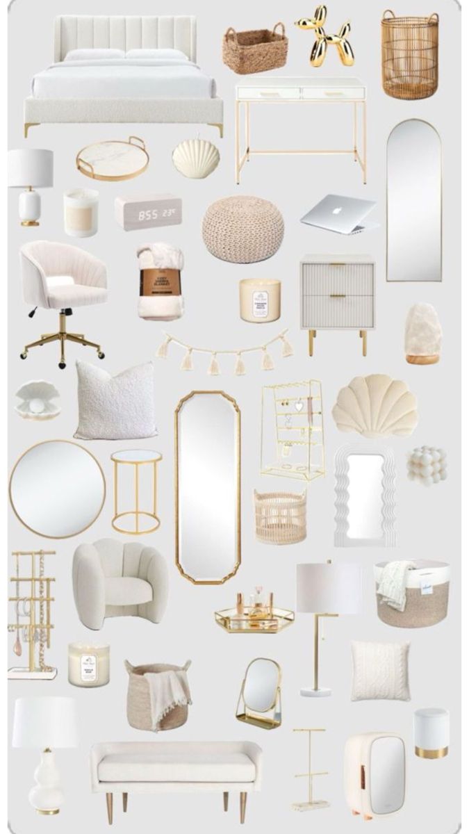 an assortment of white and gold furniture in various shapes, sizes, and colors on a light gray background