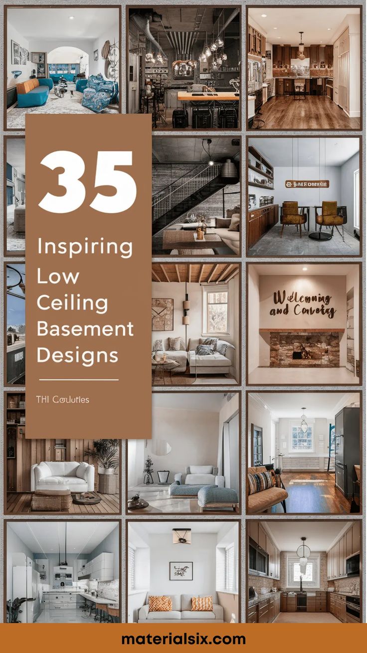 35 inspiring low ceiling basement designs displayed in a grid layout, featuring various interior decor styles. Low Ceiling Basement Ideas, Ceiling Basement Ideas, Ceiling Basement, Low Ceiling Basement, Basement Designs, Exposed Ceilings, Basement Gym, Modern Basement, Ceiling Texture